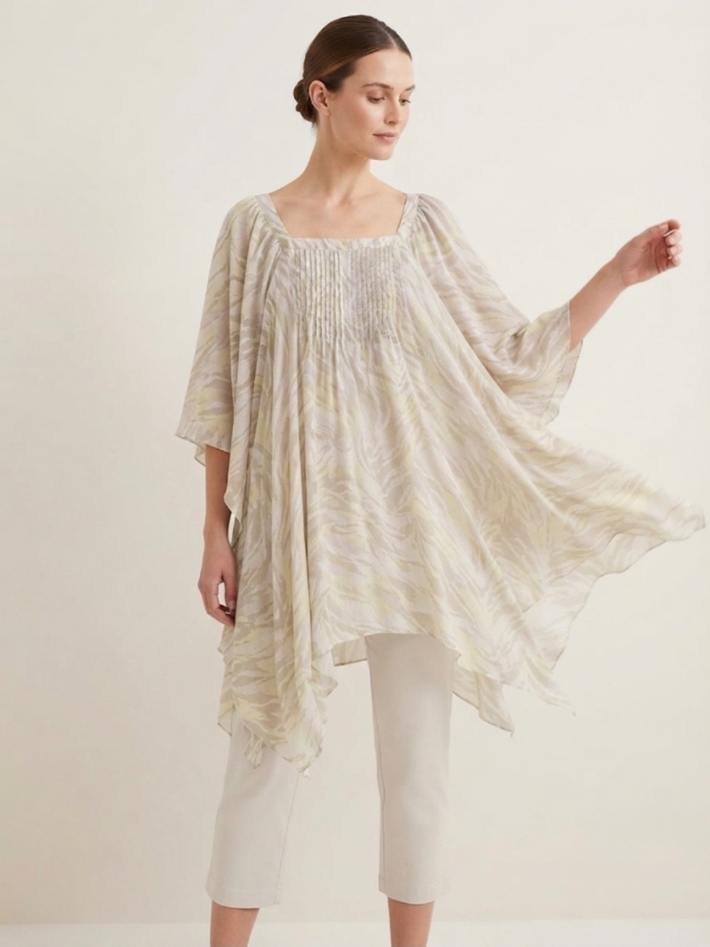 Indah Blouse Tunic Length Cape Style Over The Head Blouse Flowy Dolman Sleeve